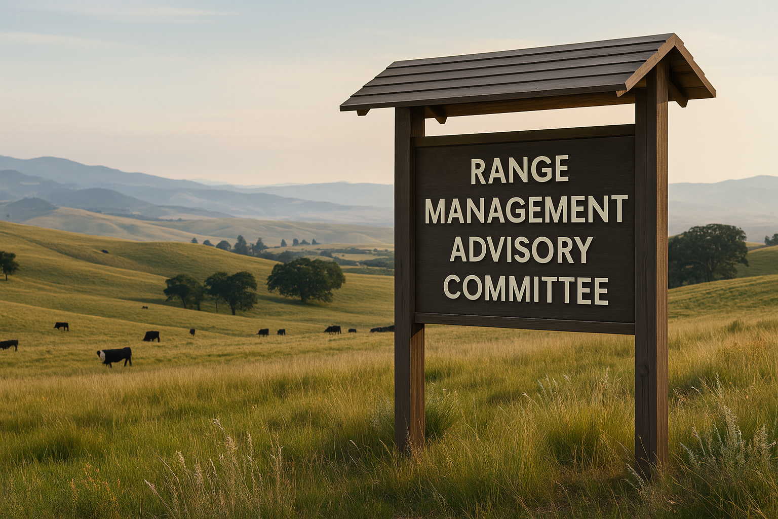 A wooden sign on an open field which says "range management advisory commitee"