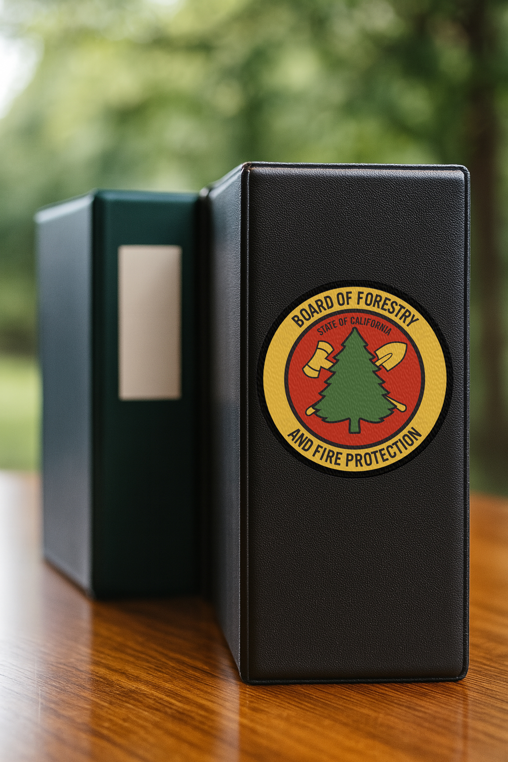 Leather binders showcasing Board of Forestry meeting information.