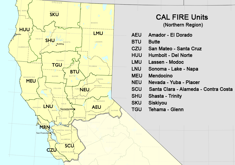 A map showing the Northern California Cal Fire unit boundaries