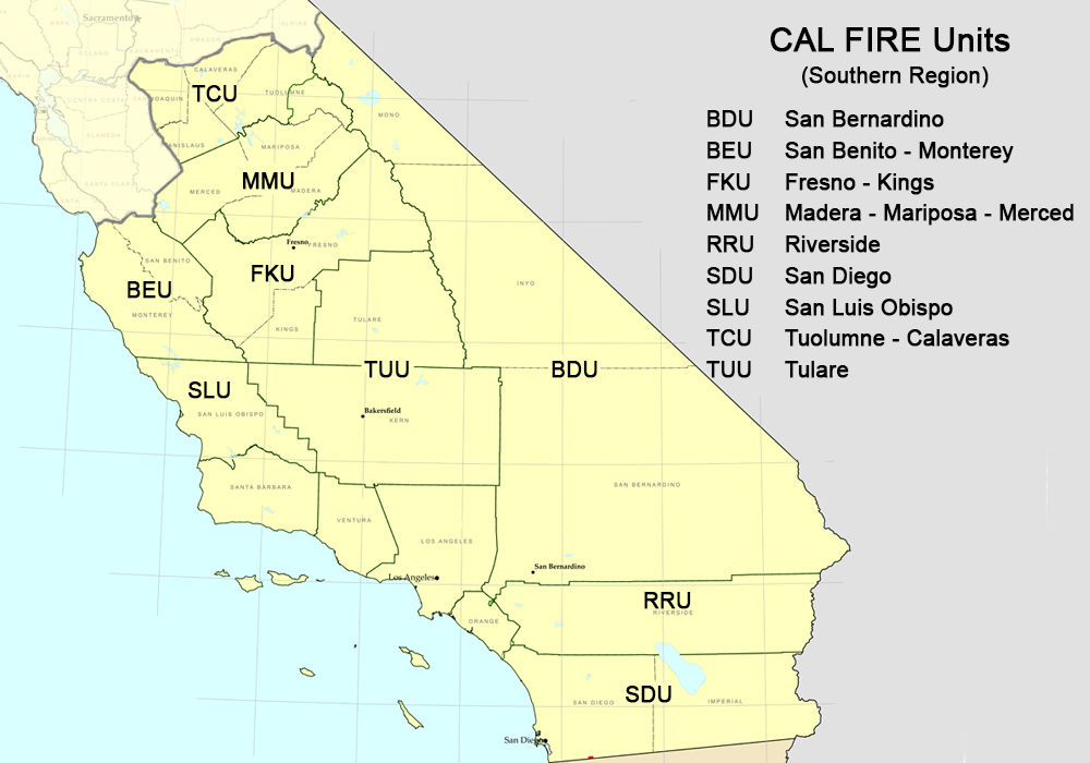 A map showing the Southern California Cal Fire unit boundaries 