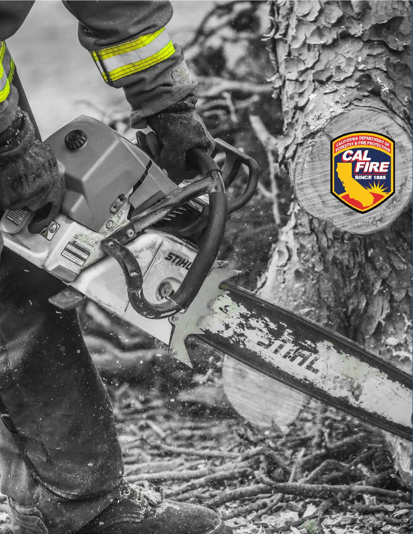 An emergency worker uses a chainsaw to clear a fallen tree during an incident.