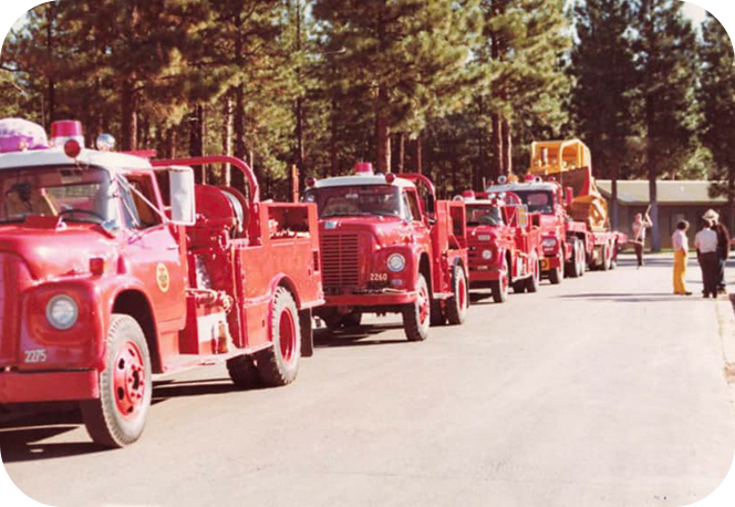 An image from the 1970's depicting fire trucks in a parade