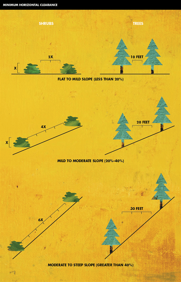 Graphic demonstrating the space between shrubs and trees at different slopes