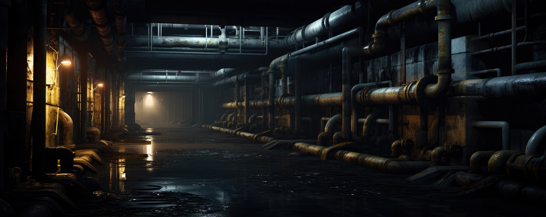 An abandoned basement filled with pipelines