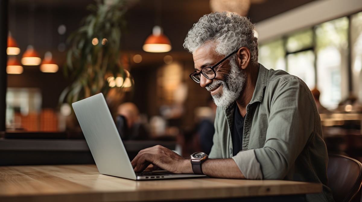 An older gentlemen smiles while watching a webinar on a laptop