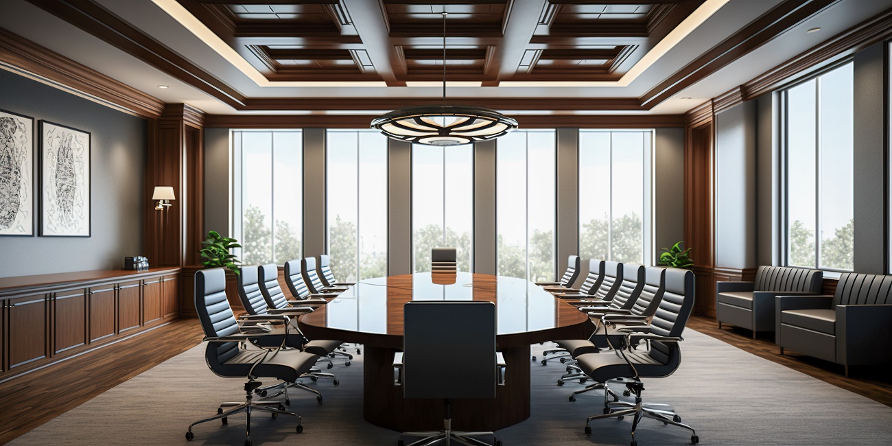 A professional office setting with empty chairs around a table