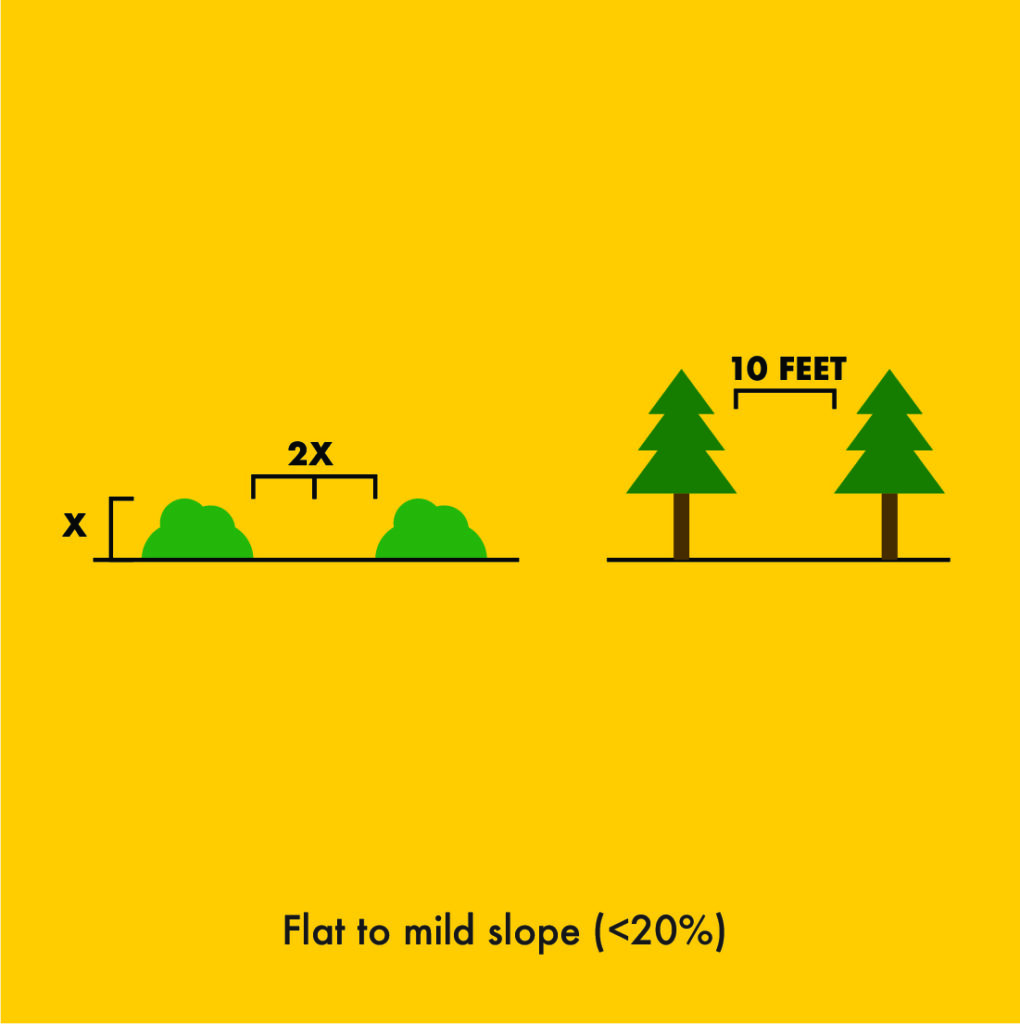 Flat to mild slope needs 2x space between bushes and 10 feet between trees